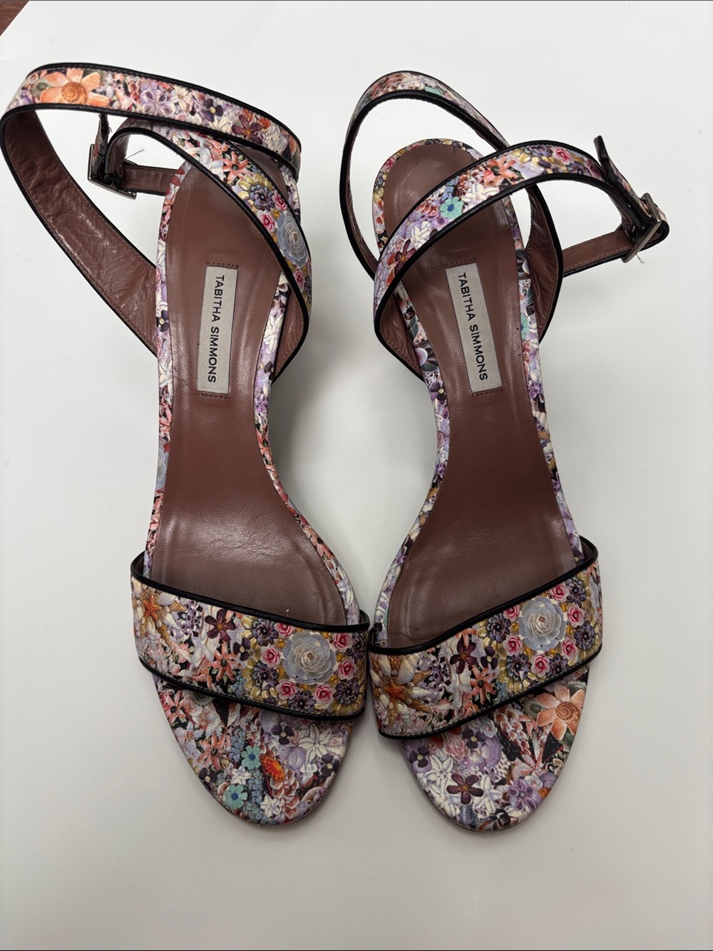 Tabitha Simmons Floral Ankle-Strap Sandals in Multi Floral 3” Heel